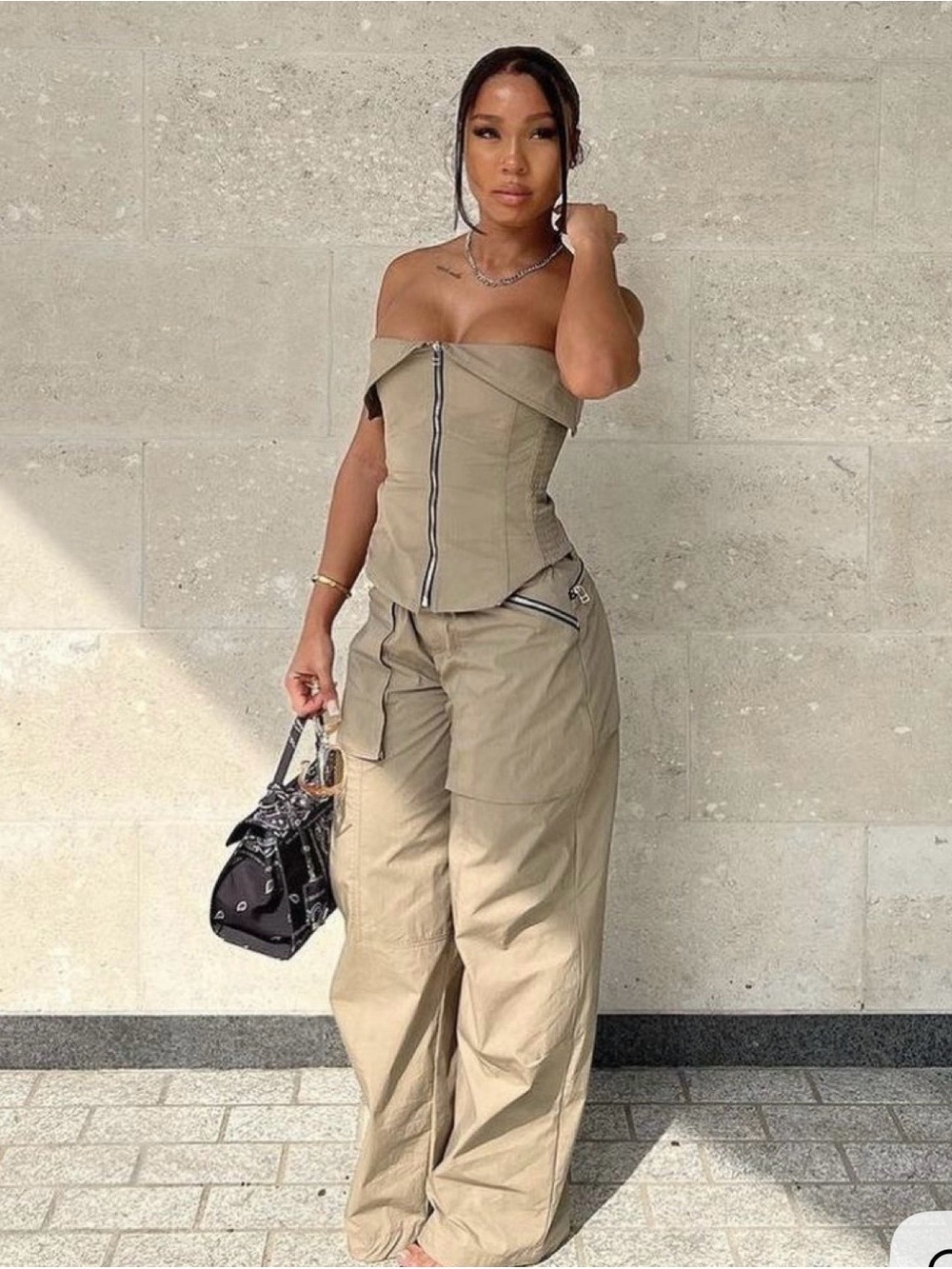 Zara Taupe Off-Shoulder Corset Top & Wide-Leg Pants